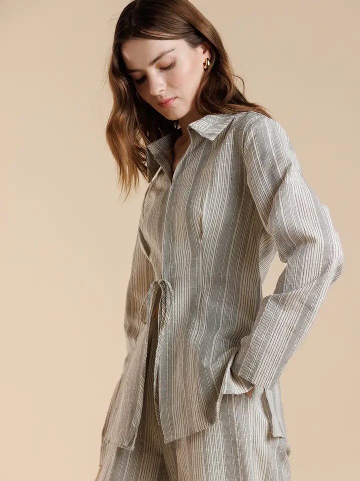Linen Look Collared Stripe Tie Blouse
