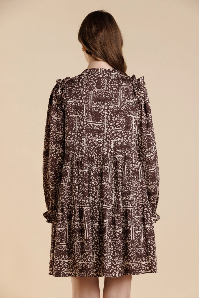 Boho Print Ruffle Long Sleeve Tiered Dress
