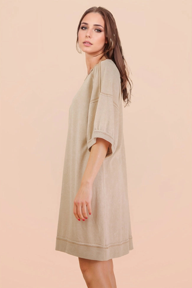 Mineral Washed French Terry Knit Casual Mini Dress