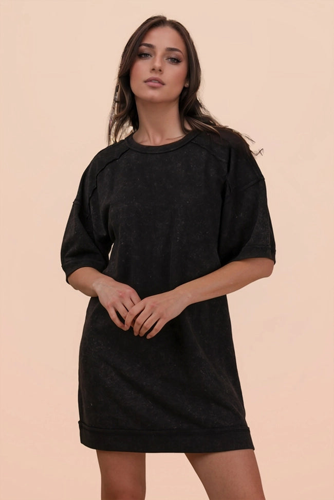 Mineral Washed French Terry Knit Casual Mini Dress