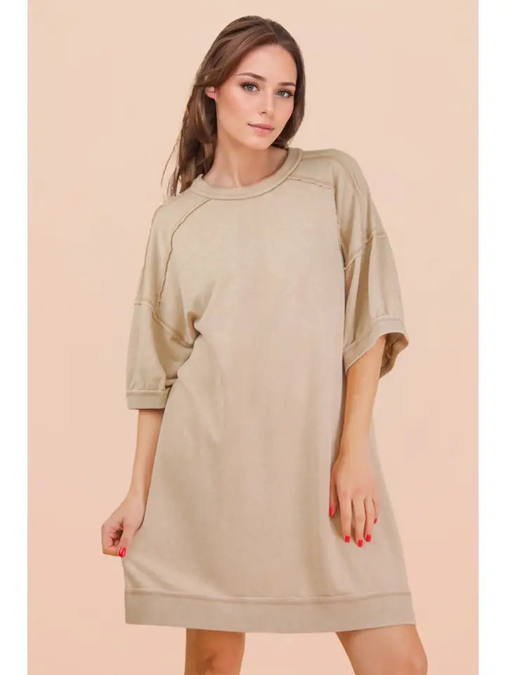 Mineral Washed French Terry Knit Casual Mini Dress