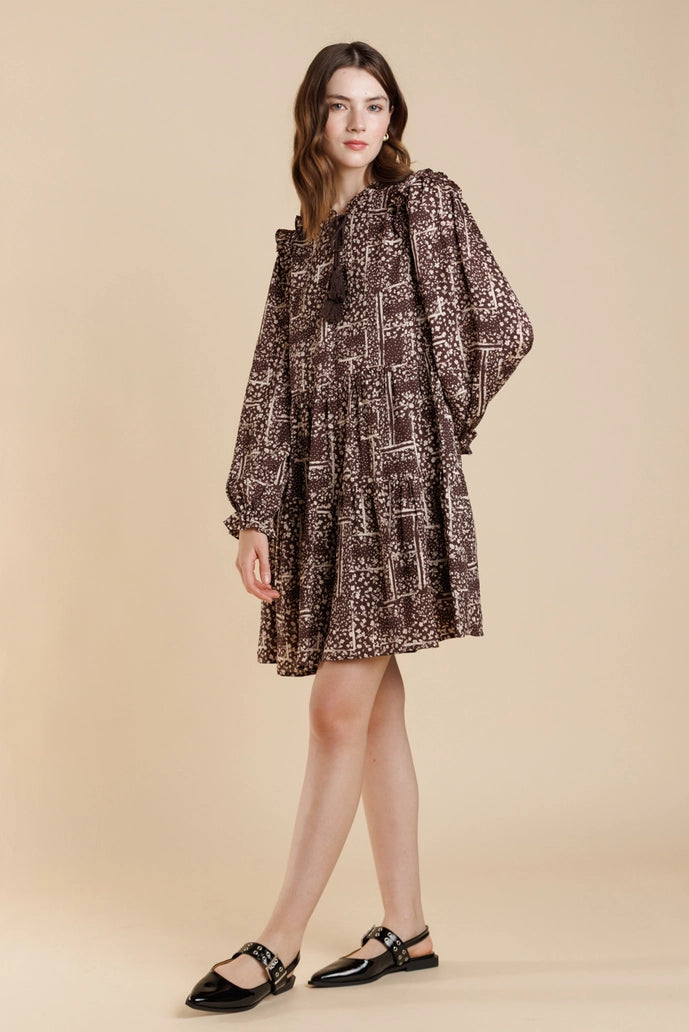 Boho Print Ruffle Long Sleeve Tiered Dress