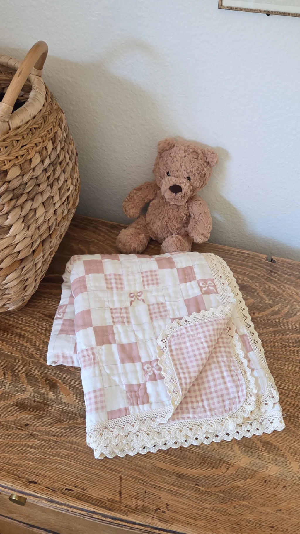 Layered Gauze Blanket- Pink Bow and Gingham